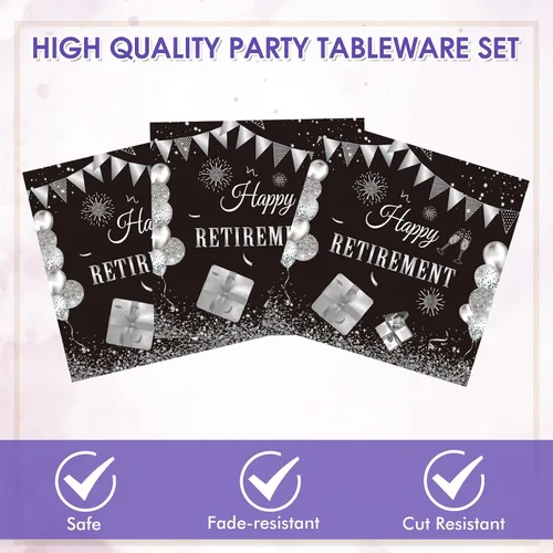 Vista 3 de Juego de 40 piezas de vajilla desechable para fiestas de jubilación para hombres y mujeres, color negro y plateado, incluye platos de jubilación