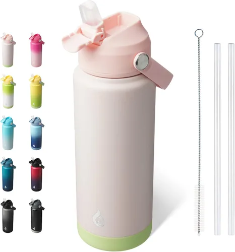 Vista 56 de BJPKPK - Botella de agua aislada con tapa de popote, 532 ml Botellas termo con boquilla suave, asa flexible y base antideslizante, libre de BPA, a