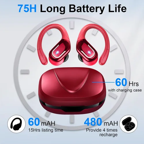 Vista 4 de Auriculares inalámbricos deportivos, Bluetooth 5.4, auriculares Bluetooth 2025 con estéreo de 75 horas, 4 micrófonos ENC, auriculares con ganchos
