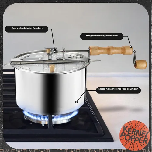 Vista 2 de Great Northern Popcorn Máquina para hacer palomitas de maíz con asas de madera, plata, 5 cuartos de galón (529019ECS) Estufa de aluminio