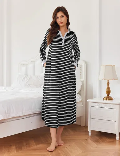 Vista 2 de Ekouaer Camisón largo para mujer con cuello en V, ropa de dormir de longitud completa con bolsillos