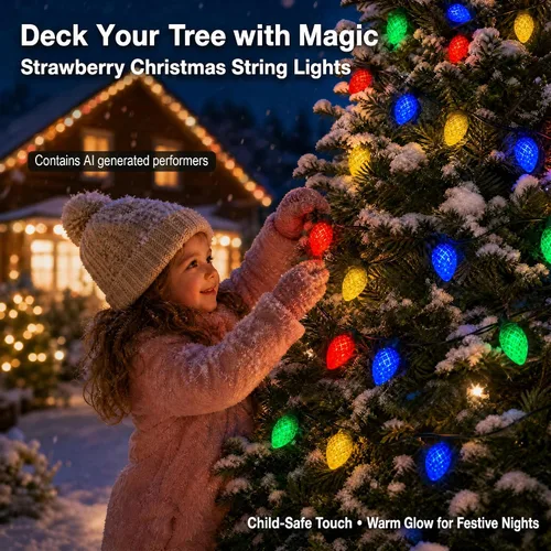 Vista 2 de ITICdecor C7 - Guirnalda de luces solares de fresa, 31 pies, 50 luces LED coloridas IP65, impermeable, encendido/apagado automático, cable verde