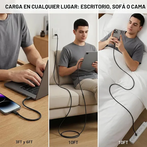 Vista 5 de Paquete de 3 cables de carga rápida USB C a USB C para cable cargador Negro 1x3ft+1x6ft+1x10ft-5A