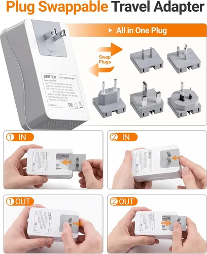 Vista 6 de BESTEK Adaptador de viaje universal, adaptador de corriente internacional con 1 tomacorrientes, 4 puertos de carga USB (1 USB C PD 35W), enchufes