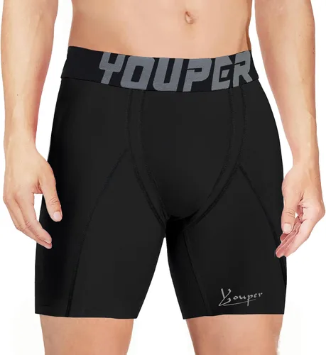 Vista 2 de Youper Pantalones cortos deslizantes de compresión para niños con copa protectora suave para béisbol, fútbol, hockey (paquete de 2)