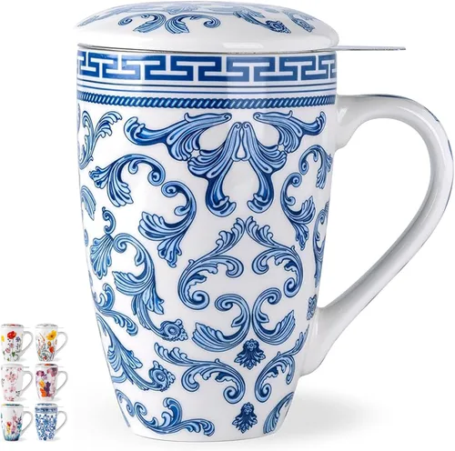 Vista 15 de AmorArc Taza de té de porcelana de 18 onzas con infusor y tapa, taza de té de hojas sueltas con colador de acero inoxidable, taza de café grande