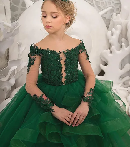 Vista 5 de Vestido de niña de flores de manga larga con apliques de princesa de tul escalonado, vestido de baile para niños, disfraces de fiesta de graduación