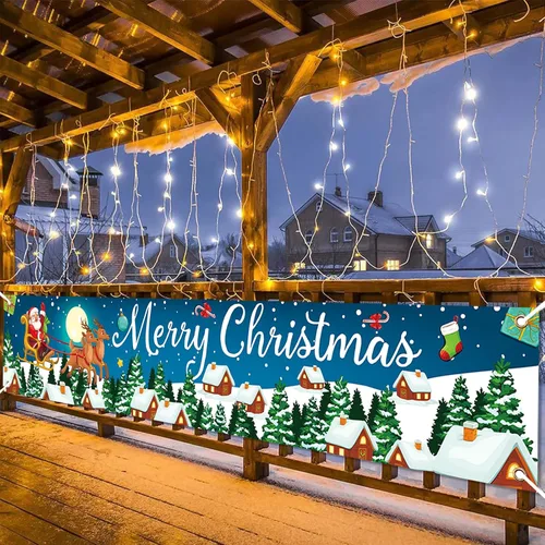 Vista 5 de Cartel de Navidad al aire libre, gran tela azul decoraciones de Feliz Navidad con Papá Noel renos regalos de fondo, cartel de Navidad para patio