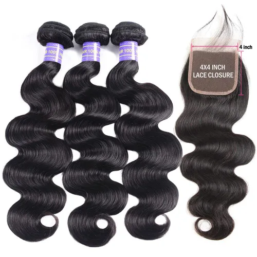 Vista 5 de Paquetes con extensiones de cabello ondulado con cierre (10 12 14+10, parte libre) cierre de encaje 4×4 con 3 paquetes 100% cabello humano virgen