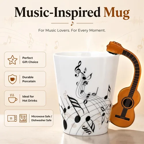 Vista 2 de Taza de guitarra acústica de 13.5 onzas, taza de té y café para guitarristas Mango de guitarra acústica 3D, diseño de personal de música, uso