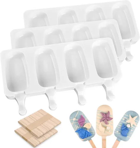 Vista 11 de Sakolla - Juego de moldes de silicona para paletas de hielo, 4 cavidades, moldes para helado ovalados con 50 palos de madera