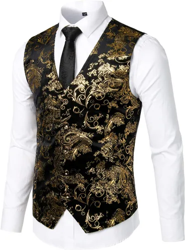 Vista 3 de ZEROYAA Chaleco de traje de cuello en V con estampado de cachemira metálico para hombre, chaleco de esmoquin