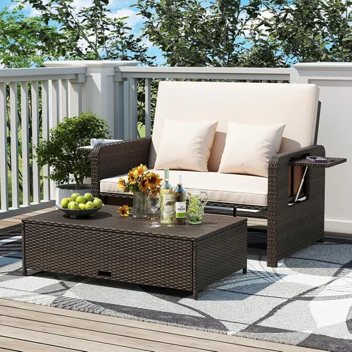 Vista 2 de LDAILY Moccha - Sofá cama para exteriores, sofá biplaza de mimbre con respaldo ajustable de 4 posiciones, otomana de almacenamiento, cojines Beige