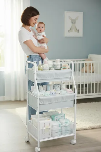 Vista 2 de Moteph Carrito utilitario rodante con ruedas, carrito de pañales de 3 niveles, carrito de guardería con ruedas y organizador de bebé para artículos