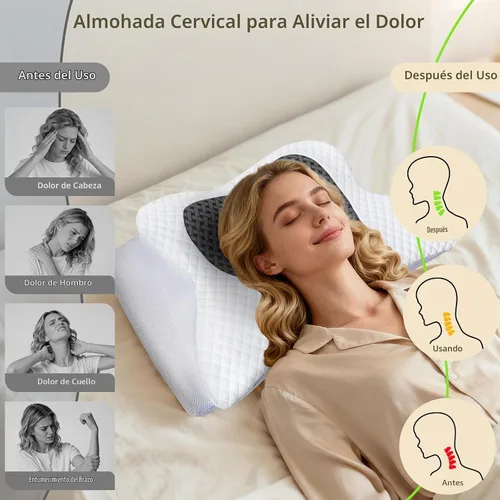 Vista 4 de Almohada cervical de espuma viscoelástica para aliviar el dolor de cuello, color gris