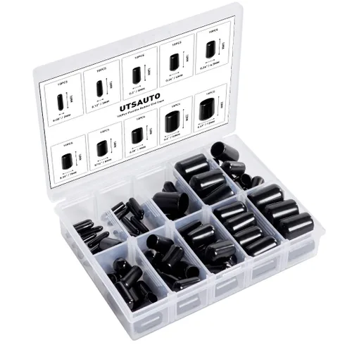 Vista 7 de 100 tapas flexibles de goma para los extremos, 10 protectores de rosca redondos de tamaño más popular, protector de vinilo negro, kit de tapas