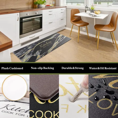 Vista 5 de Carvapet 2 tapetes cómodos antifatiga para cocina, de pie, impermeables, decorativas, ergonómicas, para cocina, diseño de mármol negro y dorado, 17