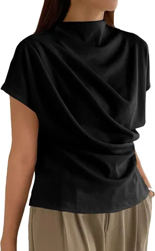 Vista 20 de OYOANGLE Camiseta de manga corta con cuello alto falso y fruncido para mujer