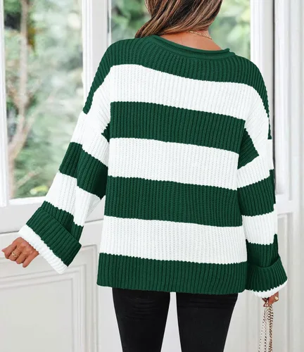 Vista 82 de ZESICA Suéter tejido sin botones de manga larga y cuello redondo, a rayas, bloques de color, cómodo, holgado, talla extragrande para mujer de 2024