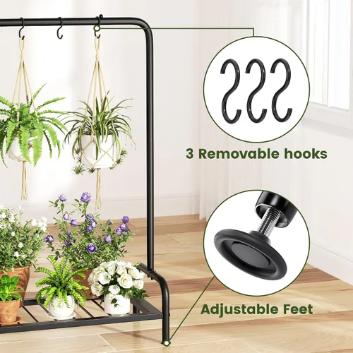 Vista 4 de Soporte para plantas al aire libre alto 40 pulgadas estante para plantas de patio Estante de plantas de metal con 3 ganchos