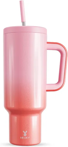 Vista 18 de Meoky - Vaso de 30 oz con asa, tapa y pajilla, taza de viaje térmica de acero inoxidable 100% a prueba de fugas, para portavasos, mantiene el frío