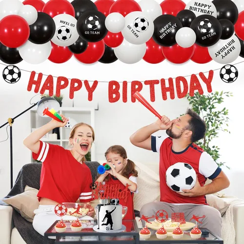 Vista 4 de Decoraciones de fiesta de cumpleaños de fútbol, decoración de fiesta temática de fútbol, kit de guirnalda de globos rojos y negros, pancarta