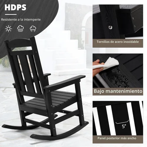 Vista 3 de LUE BONA Mecedora para exteriores, sillas mecedoras de plástico de polietileno resistentes a la intemperie, 350 lb de servicio pesado, de gran Negro