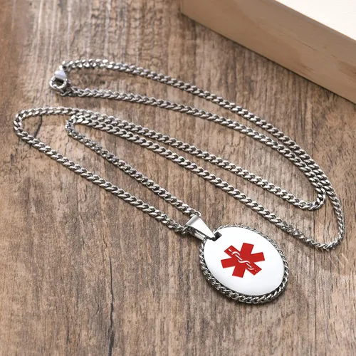 Vista 40 de VNOX Collar con colgante personalizado de acero inoxidable con grabado personalizado para identificación de alerta médica de emergencia para hombres