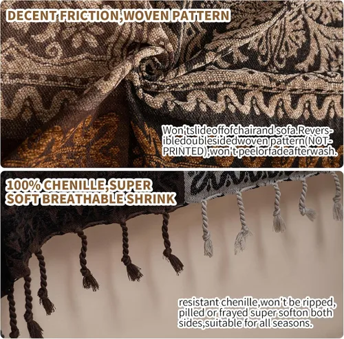 Vista 8 de Manta Boho, Manta de Chenilla Jacquard con Borlas para Cama Sofá Silla Suave, Borlas con Flecos Bohemias (Negro, S:60x75)