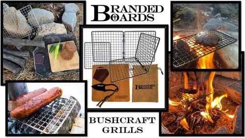 Vista 3 de Parrilla portátil de Bushcraft con rejilla para barbacoa de acero inoxidable, tabla de cortar de bambú, bolsa de arpillera, cuchillo mini, kits