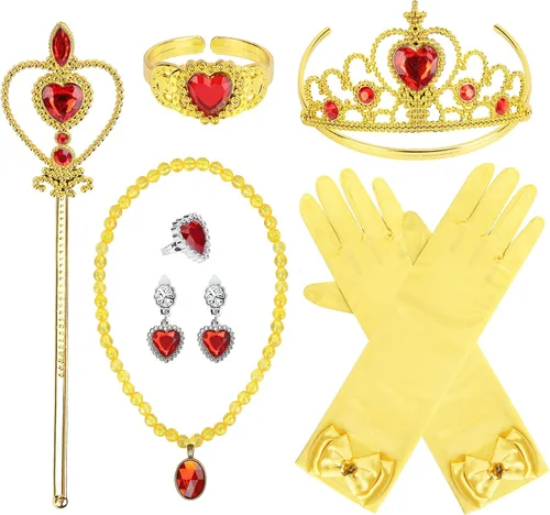 Vista 10 de Cocojeci Accesorios de fiesta de disfraces de princesa para disfraz de princesa, guantes de disfraz de tiara, collar, aretes, pulsera y anillo Azul