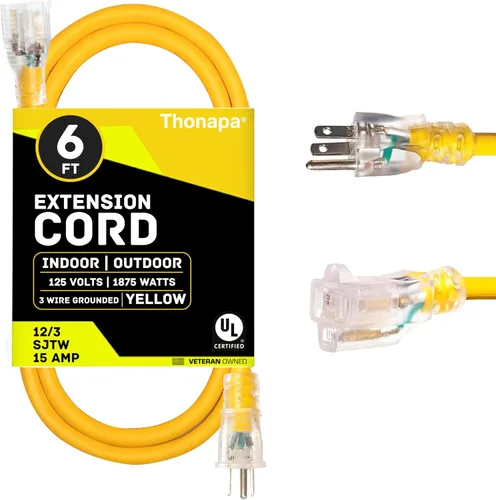 Vista 9 de Thonapa Cable de extensión de calibre 12 de 6 pies para exteriores, resistente 12/3, extremo iluminado SJTW Cable negro, 3 clavijas, enchufe a