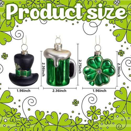 Vista 2 de 9 adornos de cristal para el día de San Patricio, Irlanda verde con sombrero de trébol de San Patricio, adornos colgantes de cerveza, adornos