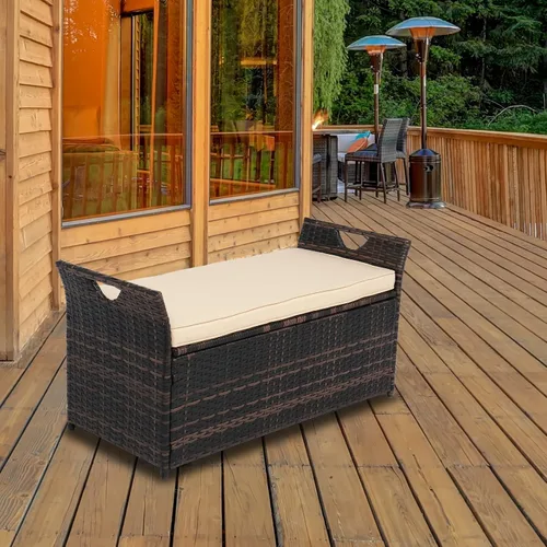 Vista 7 de VINGLI Caja de mimbre para exteriores de 40 galones con cojín, caja de almacenamiento de mimbre para patio, jardín, balcón, porche, piscina, patio