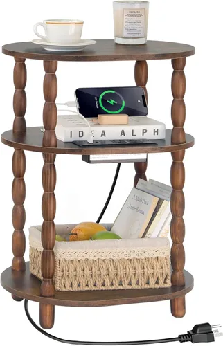 Vista 9 de MaxSmeo Mesa auxiliar negra, mesa auxiliar ovalada pequeña de 3 niveles, mesita de noche moderna, mesa decorativa de madera para sala de estar, Negro