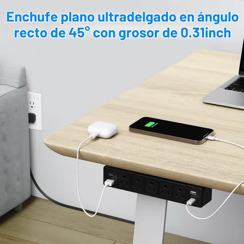 Vista 4 de Regleta de alimentación montable para debajo del escritorio de 40 W, enchufe plano de carga rápida USB-C de 20 W, protector de sobretensiones 1200J