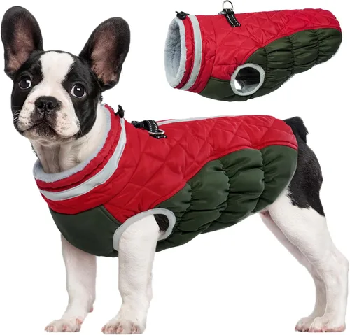 Vista 63 de Abrigo para perro, chaqueta cálida de invierno, acolchada, de vellón, chaleco reflectante con arnés, chaqueta de nieve impermeable con cremallera, a