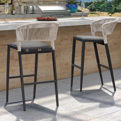 Vista 12 de PURPLE LEAF Taburete de bar de altura de mostrador, juego de 2 modernos taburetes de mimbre de ratán de aluminio para exteriores con respaldo