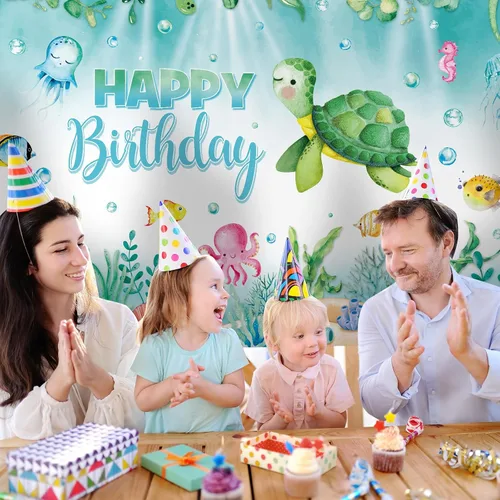 Vista 6 de Preboun Pancarta de fondo de cumpleaños de tortuga oceánica, decoración de fondo de fotos de animales marinos del océano para fiesta de cumpleaños