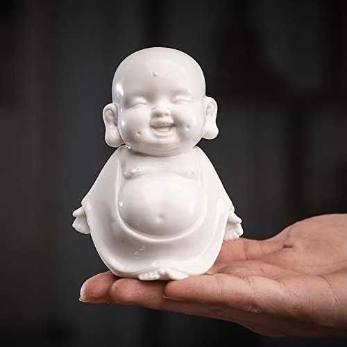 Vista 8 de Kingzhuo Juego de 3 estatuas de monje de Buda sonriente de cerámica, figuras de porcelana blanca, adornos de muñecas coleccionables felices, figuras