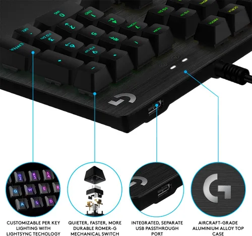 Vista 5 de Teclado mecánico para juegos Logitech G512, edición especial, teclas retroiluminadas RGB Lightsync, interruptores de teclas GX Blue Clicky, carcasa