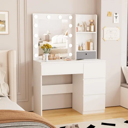 Vista 3 de Fameill Tocador de maquillaje con luces, escritorio de tocador de 37 pulgadas con espejo y luces, 4 cajones, 3 modos de iluminación, brillo