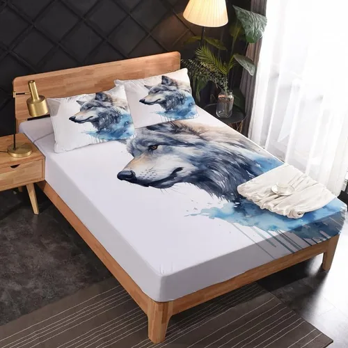 Vista 2 de Juego de sábanas de lobo tamaño Queen, sábanas de microfibra suave y bolsillo profundo, sábanas y fundas de almohada estampadas sin arrugas, 1 Lobo
