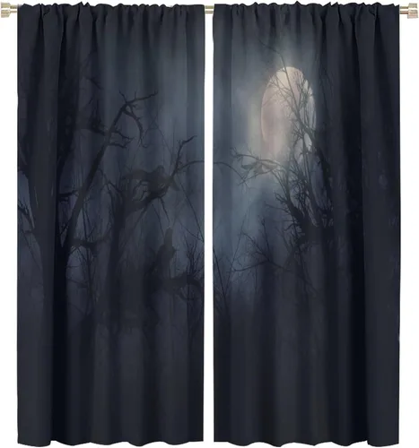 Vista 33 de Cortinas góticas rústicas con estampado de cuervo de bosque brumoso, rama, luna, bolsillo para barra, cortinas de ventana para dormitorio, sala