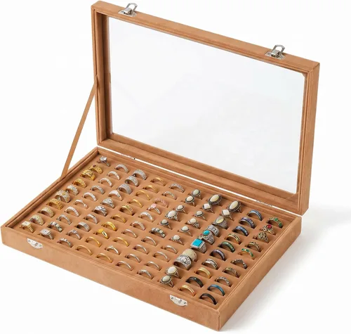 Vista 11 de Frebeauty Bandeja organizadora de anillos de 100 ranuras, caja de Beige