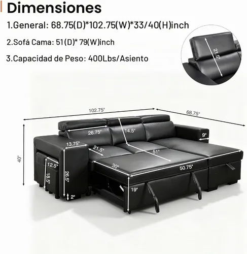 Vista 2 de THSUPER Sofá Seccional Reclinable de Cuero en Forma de L de 102 pulgadas con Cama Extraíble y Chaise de Almacenamiento, Sofás con Chaise Reversible