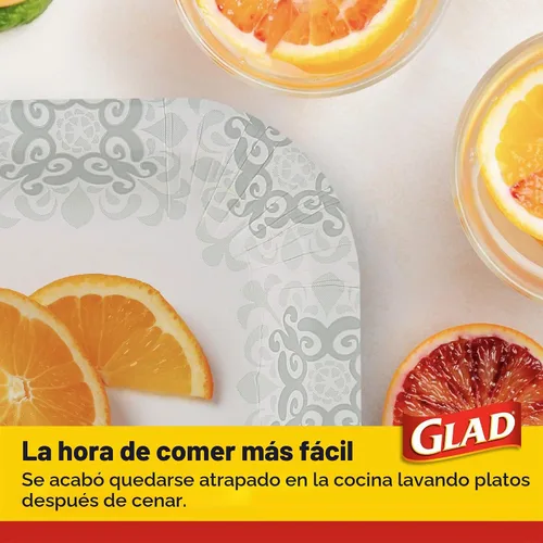 Vista 5 de Glad Platos desechables de papel cuadrados, patrón gris victoriano - Platos decorativos fuertes, robustos, impermeables y aptos para microondas