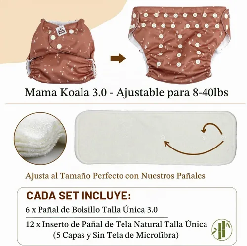 Vista 6 de Mama Koala Pañales de tela 3.0 para bebés con forro AWJ, paquete de 6 con 12 insertos de pañales de tela de bambú de 5 capas (sin microfibra)