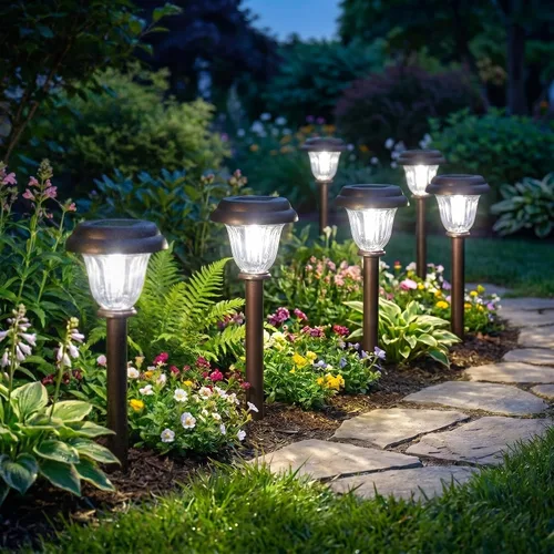 Vista 2 de DERAYSION Solar Lights Outdoor, 6 Pack Brushed Stainless Steel Glass Solar Pathway Lights, Auto On/Off Long-Lasting Outdoor Solar Lights for Garden