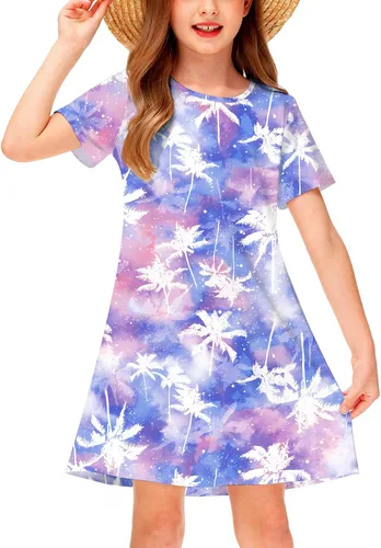 Vista 12 de Deerose Kids Summer Short Sleeve Dresses Hawaiian Tshirt Sundress 3-14 Years Coconut trees
